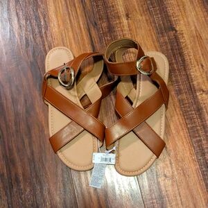Faux-Leather Cross-Strap Buckle Sandals